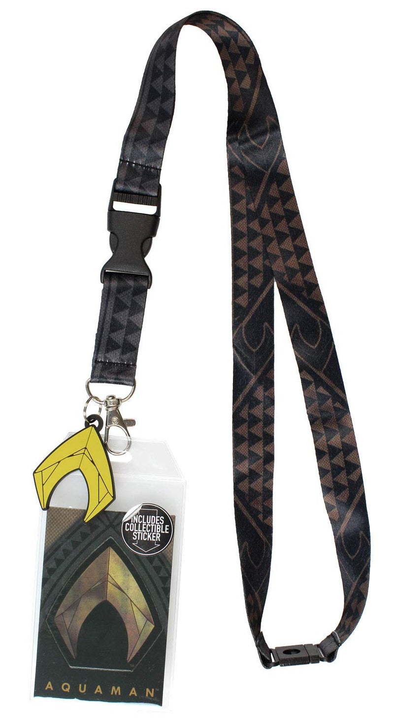 Bioworld Justice League DC Comics Aquaman Lanyard ID Holder Badge with Collectible Sticker and Rubber Pendant - Image 1